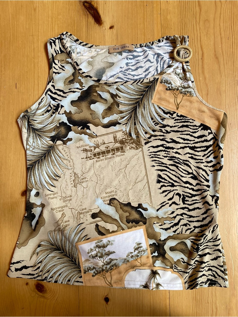 Vice Versa Beige Safari-Print Tank Top with Wood Shoulder Ring Vintage Y2K